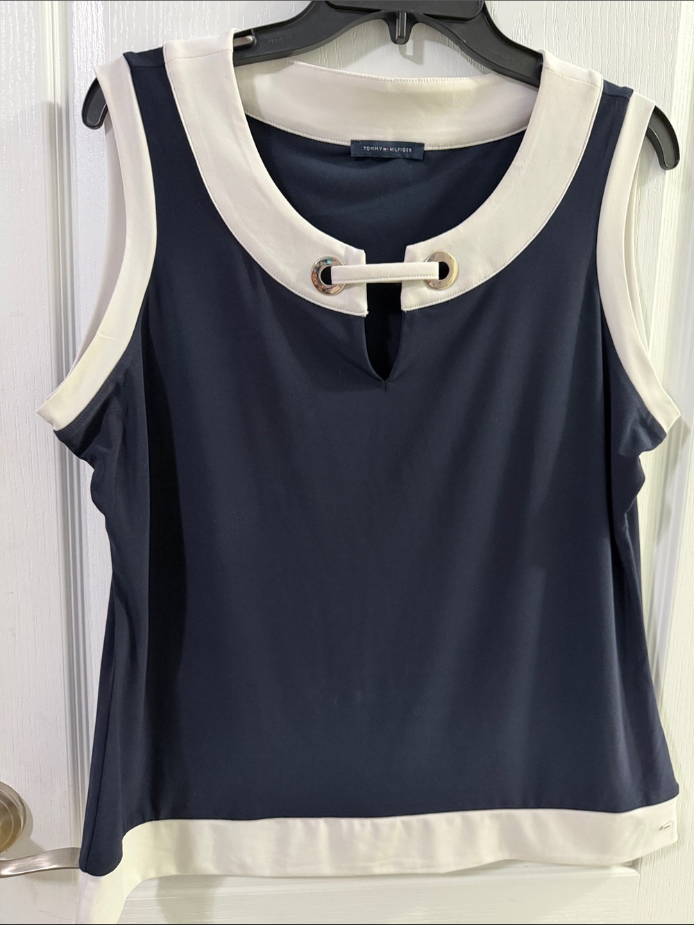 Tommy Hilfiger Navy and White Sleeveless Nautical-Trim Shell Top XL